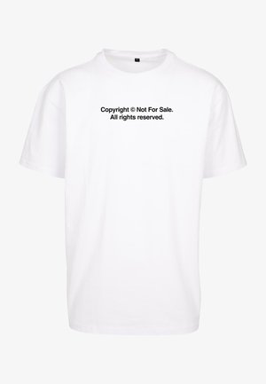 Weißes Baumwoll-T-Shirt mit kurzen Ärmeln. Auf der Vorderseite befindet sich schwarzer Text, der sagt: "Urheberrecht © Nicht zum Verkauf. Alle Rechte vorbehalten."