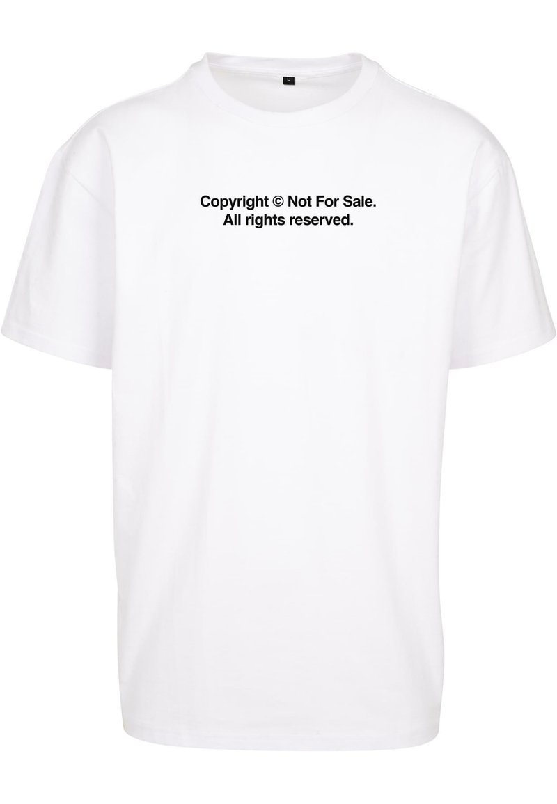 Hvid bomulds T-shirt med korte ærmer. Har sort tekst med skriften "Ophavsret © Ikke til salg. Alle rettigheder forbeholdes." på forsiden.