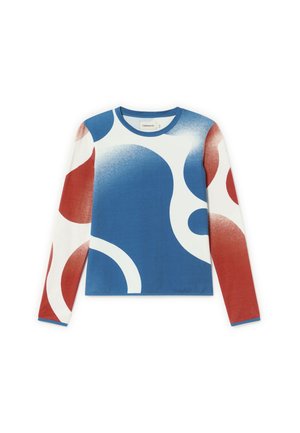 T-shirt en tricot à manches longues bleu, rouge et blanc avec des motifs abstraits. Présente un col rond et une silhouette ajustée. Texture douce.