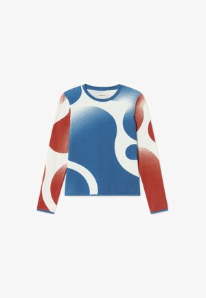 Dugih rukava pleteni gornji dio u plavoj, crvenoj i bijeloj boji s apstraktnim uzorcima. Ima okrugli izrez i prilagođeni kroj. Mekana tekstura.
