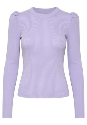 Lavender ribbed long-sleeve top with a round neck and gathered shoulder detail, featuring a fitted silhouette and textured fabric.