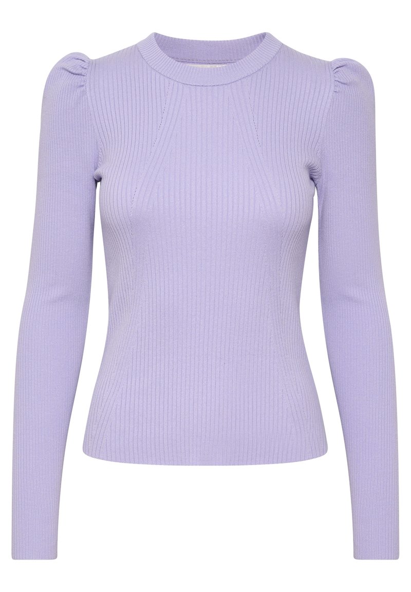 Top de manga larga deColor lavanda, con cuello redondo y detalle de hombros fruncidos, que presenta una silueta ajustada y una tela texturizada.