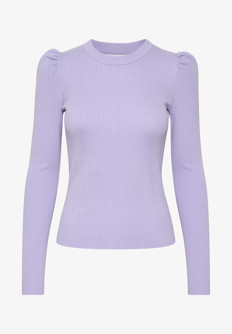 Top de manga larga deColor lavanda, con cuello redondo y detalle de hombros fruncidos, que presenta una silueta ajustada y una tela texturizada.