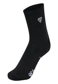 Svart bomullsankelsocka med ribbat mönster och en vit logotyp nära toppen. Socken har förstärkt tå och häl för ökad hållbarhet.