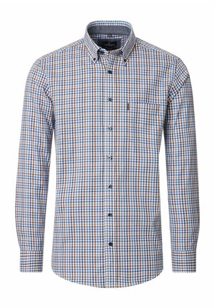 Overhemd met lange mouwen en knopen, blauw, bruin en wit geruit patroon, voorvak en knoopsluiting aan de kraag.