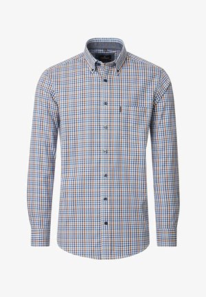 Overhemd met lange mouwen en knopen, blauw, bruin en wit geruit patroon, voorvak en knoopsluiting aan de kraag.