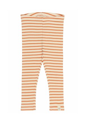 Prążkowane legginsy z miękkiego materiału, z naprzemiennymi pomarańczowymi i kremowymi paskami, z małą metką na dole.
