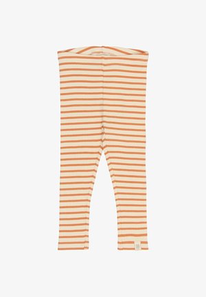 Gestreifte Leggings aus weichem Rippmaterial mit abwechselnden orange- und cremefarbenen Streifen sowie einem kleinen Etikett am unteren Ende.