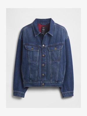 Dark blue denim jacket with a collared neckline, button closure, two chest pockets, and long sleeves. Interior is lined in red.