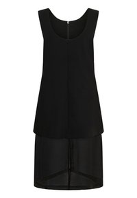 Robe noire sans manches avec un design en couches, un col rond et une superposition de jupe transparente, affichée sur fond blanc.