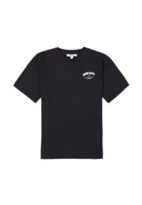 Camiseta de algodón negra con mangas cortas y cuello redondo. Texto gráfico en la parte frontal "BUENOS DÍAS" en blanco, con una fuente simple y en bloque.