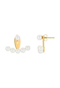 Ohrringe in Goldfarbe mit weißen Kunstperlen in einem linearen Design, mit vier Perlen auf einer Seite und zwei auf der anderen, verbunden durch einen Stecker.