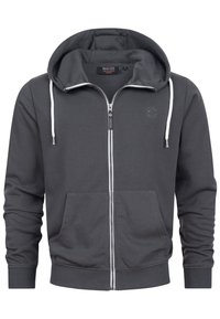 Grijze zip-up hoodie gemaakt van een katoenmix, met een grote capuchon, witte trekkoorden, zakken aan de voorkant en geribbelde boorden en zoom.