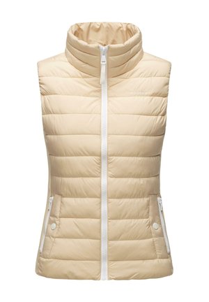 Gilet imbottito beige con colletto alto, zip bianca a tutta lunghezza e due tasche laterali. Realizzato in un materiale liscio e leggero con una texture trapuntata.