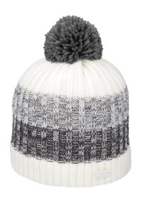 Stickad mössa med ett vita och grå ränder, prydd med en grå pom-pom. Har en mjuk, texturerad yta och en tight passform.