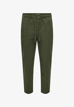 Olive green, tapered pants with a drawstring waist, elastic cuffs, and a smooth fabric texture. No visible pockets.