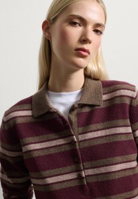 Maglione a righe marrone e bordeaux con una consistenza morbida, dotato di colletto marrone e chiusura con bottoni, indossato sopra una camicia bianca.