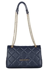 Navy blue quilted leather Valentino handbag with gold chain straps and logo on front flap.