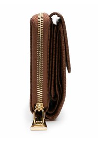 Braune Geldbörse mit strukturierter Oberfläche, goldener Reißverschluss und Verschluss, gefaltetes Design und mehrere Fächer, die von der Seite sichtbar sind.