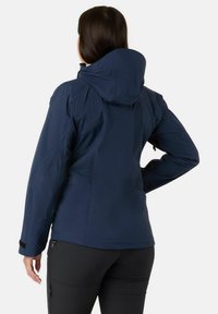 Navy blue waterproof jacket with a hood, featuring long sleeves, zippers on pockets, and a sleek design for outdoor use.