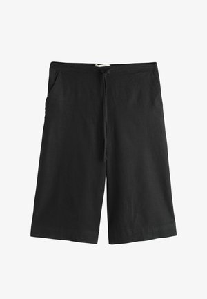 Črni kratki hlače do kolen z vrvico v pasu in stranskimi žepi, izdelane iz lahkega blaga.