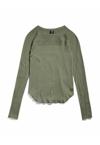 Långärmad tröja med rund hals i olivgrön, med ribbad textur, platta sömmar och en något rundad nederkant.