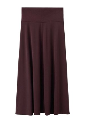 Fustă midi de culoare maro roșcat, realizată dintr-un material moale, cu o talie lată și elastică. Are un design fluid care se îngustează ușor spre tiv.