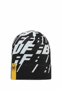 Black beanie with bold white lettering and a yellow tag. Made of soft fabric, featuring a stretchy design for a snug fit.