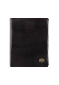 Black leather wallet with smooth texture, features a silver emblem on the bottom right corner, and clean, minimalistic design.