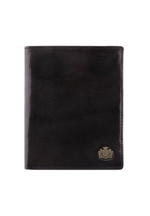 Black leather wallet with smooth texture, features a silver emblem on the bottom right corner, and clean, minimalistic design.