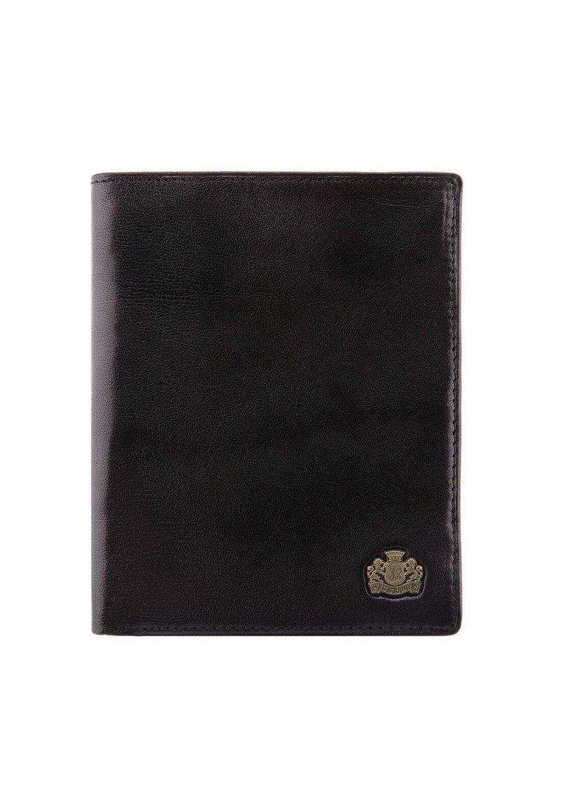 Black leather wallet with smooth texture, features a silver emblem on the bottom right corner, and clean, minimalistic design.