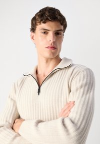 Beige Rippenstrickpullover mit einem halben Reißverschlusskragen und schwarzen Reißverschlussdetails. Der Stoff wirkt weich mit einer strukturierten Oberfläche.