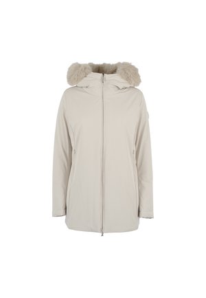 Veste rembourrée beige avec capuche bordée de fourrure, zip avant et manches longues. Design élégant, texture lisse et deux poches latérales.