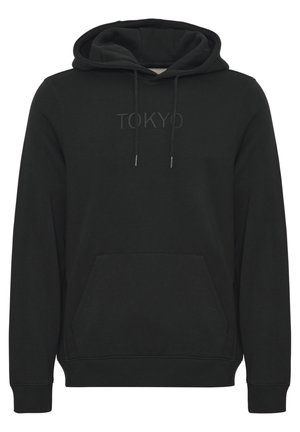 Black hoodie with a kangaroo pocket, drawstring hood, and embossed "TOKYO" text. Soft fabric and ribbed cuffs complete the design.
