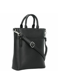 Zwarte synthetische leren schoudertas met twee korte handgrepen, een afneembare schouderriem en een voorvak met rits. Glad oppervlak en slank ontwerp.