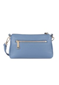Borsa a tracolla blu in pelle con finitura testurizzata, dotata di una tasca anteriore con zip e hardware in tono oro. Include una tracolla regolabile.