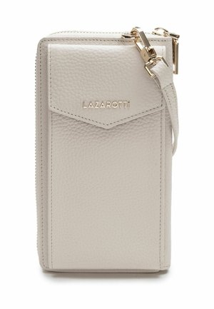 Gray textured leather phone wallet with gold hardware and a front flap. Features a detachable strap and embossed logo on the front.