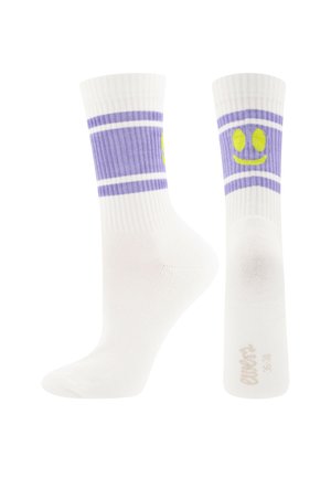 White crew socks with purple bands and a yellow smiling face design on the ankle area, shown from side and back views.
