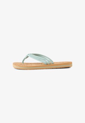 Hellblaue Flip-Flops mit strukturierten Riemen, Gummisohle und einem hellbraunen Fußbett mit geprägtem Blumendesign. Schlanke, minimalistische Form.