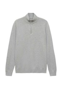 Ljust grå pullover-tröja med hög krage och kvartdragkedja, tillverkad av mjukt tyg. Har ribbade ärmslut och nederkant för en snug passform.