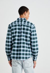 Man in een groen, wit en blauw geruite overhemd met lange mouwen, en lichtblauwe jeans, staand tegen een effen witte achtergrond, met zijn rug naar de camera.