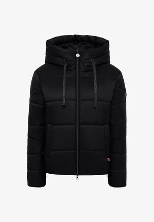 Schwarze gepolsterte Jacke mit hohem Kragen, Reißverschluss, zwei Seitentaschen und dekorativen Kordeln. Glattes Material mit steppierten Abschnitten.