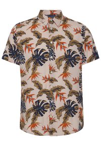 Camicia a maniche corte in tessuto beige chiaro, con un motivo tropicale di foglie in blu scuro, verde e arancione. Design con colletto abbottonato.