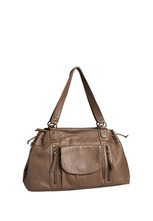 Sac à main en cuir brun texturé avec deux poches avant zippées, une poche à rabat au centre et deux anses pour l'épaule.