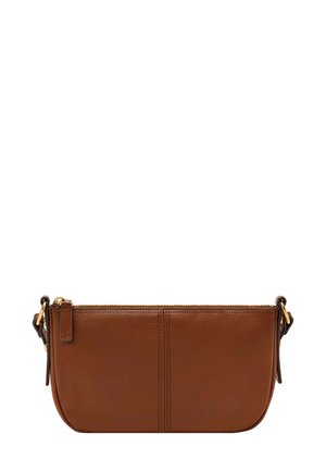 Sac bandoulière en cuir marron avec une texture lisse, une fermeture éclair et des garnitures en ton doré. Présente un léger détail de couture.