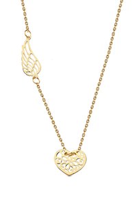 Złoto kolorowy naszyjnik z wisiorkiem w kształcie skrzydła i serca, ozdobiony misternymi wzorami wyciętymi. Łańcuszek ma styl ogniw i jest równomiernie rozłożony.