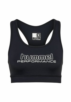Zwarte sportbeha van rekbare stof met een racerback ontwerp, met "HUMMEL PERFORMANCE" in witte letters op de voorkant gedrukt.