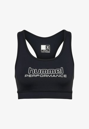 Czarny stanik sportowy wykonany z elastycznego materiału, z plecakiem, z napisem "HUMMEL PERFORMANCE" w białym kolorze z przodu.