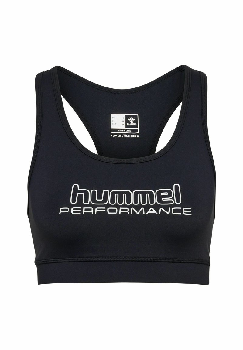 Schwarzer Sport-BH aus dehnbarem Material mit Racerback-Design, auf der Vorderseite mit dem Aufdruck "HUMMEL PERFORMANCE" in weißer Schrift.