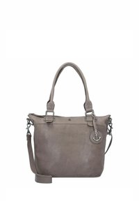 Borsa a tracolla in pelle grigia con doppi manici, tracolla removibile, hardware in argento e dettaglio a forma di ancora. Texture liscia e forma strutturata.
